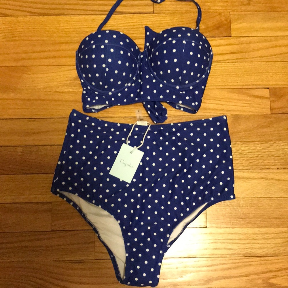 Cupshe | Blue Poka Dot Highwaist Bathing Suit